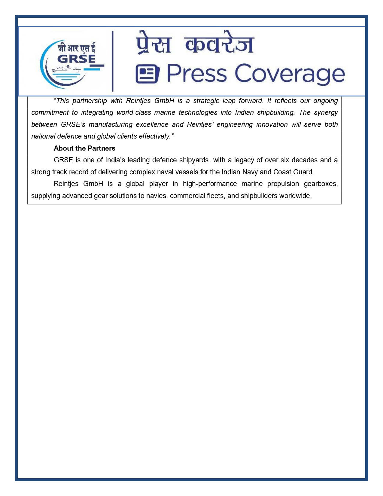 Press Coverage : 4 Aug 25:GRSE Signs MoU with Germany's Reintjes GmbH to Integrate High Quality Propulsion Gear Trains for Indian Navy Ships